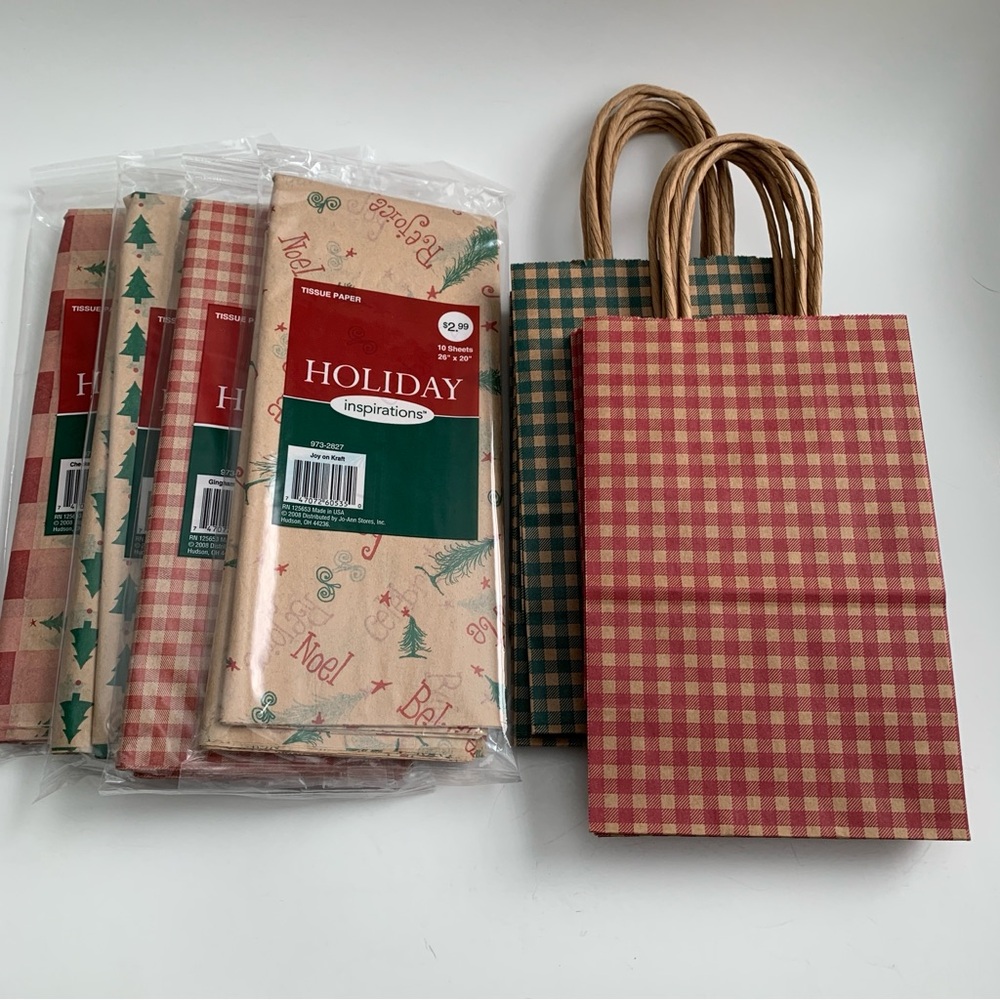 Red and Green Gingham Gift Bags with Festive Tissue Paper Bundle Farmhouse - Picture 3 of 17